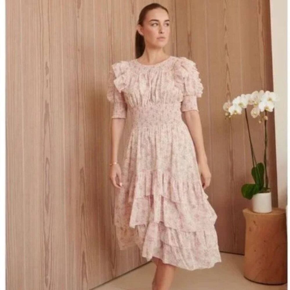 We Are Sundays Rose Pink Floral Ruffle Tiered Bianca Midi Dress Sz S Cottagecore